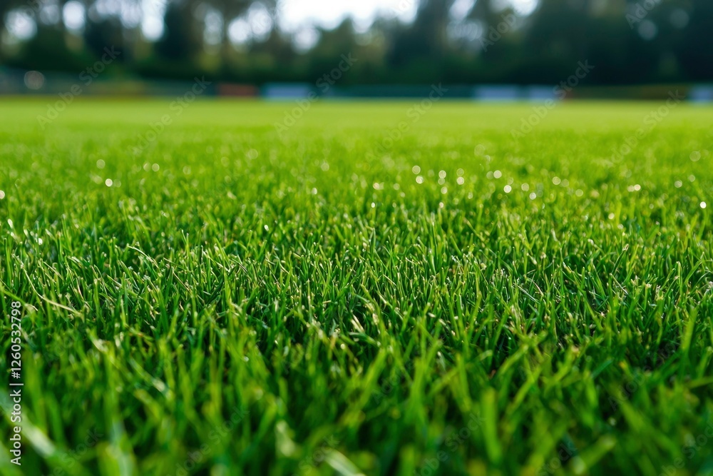 Lush green grass field ready for a sports game, blurred trees in the background Lush green grass field ready for a sports game, blurred trees in the background