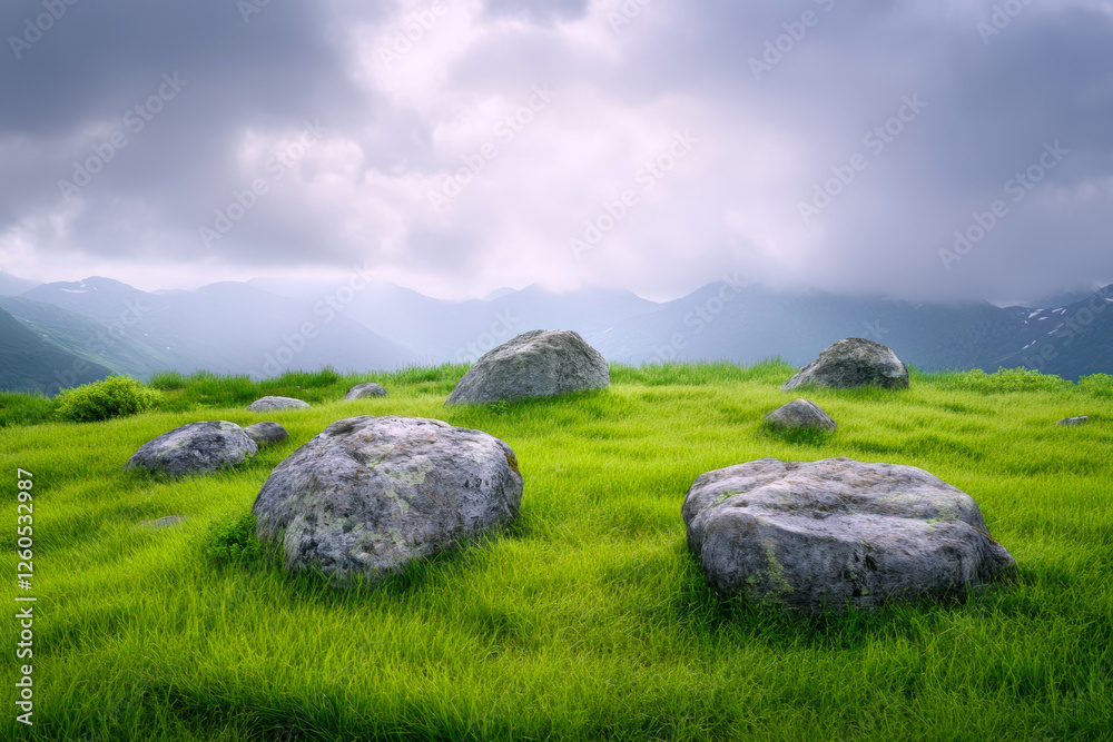 A serene landscape featuring large stones dispersed across lush green grass, set against distant mountains shrouded in clouds, evoking feelings of peace and natural beauty. A serene landscape featuring large stones dispersed across lush green grass, set against distant mountains shrouded in clouds, evoking feelings of peace and natural beauty.
