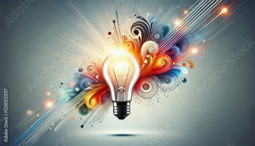 A conceptual illustration representing an outstanding idea with a glowing light bulb with abstract elements. photo