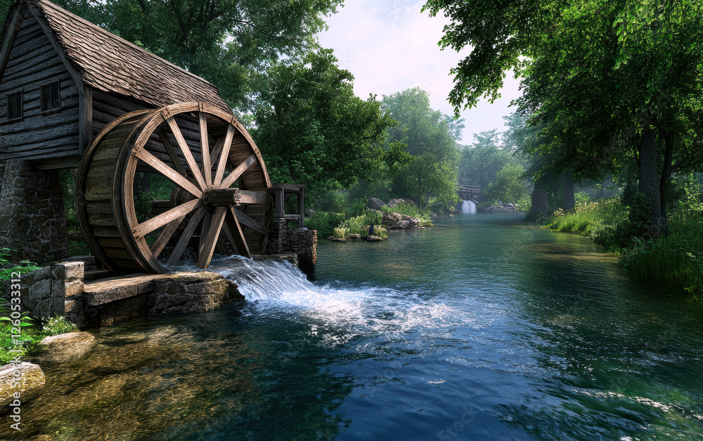 A picturesque watermill sits beside a serene river, surrounded by lush greenery and gentle waterfalls, creating a peaceful and idyllic scene of nature's harmony. A picturesque watermill sits beside a serene river, surrounded by lush greenery and gentle waterfalls, creating a peaceful and idyllic scene of nature's harmony.
