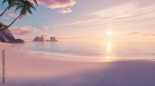 Serene Tropical Beach at Sunset with Pastel Sky and Calm Ocean Waters