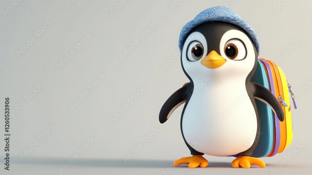 Obraz premium Cartoon Penguin with Backpack on Gray Background