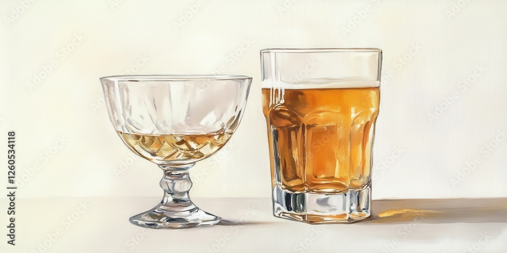 Two glasses of whiskey showcase a distinctive contrast in styles and presentation during a cozy evening setting Two glasses of whiskey showcase a distinctive contrast in styles and presentation during a cozy evening setting