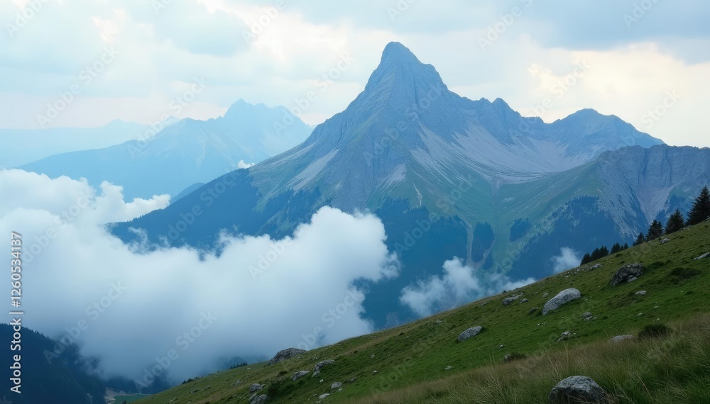 Thick mist covers mountain summit in Tatra mountains, weather, peaks, slope Thick mist covers mountain summit in Tatra mountains, weather, peaks, slope