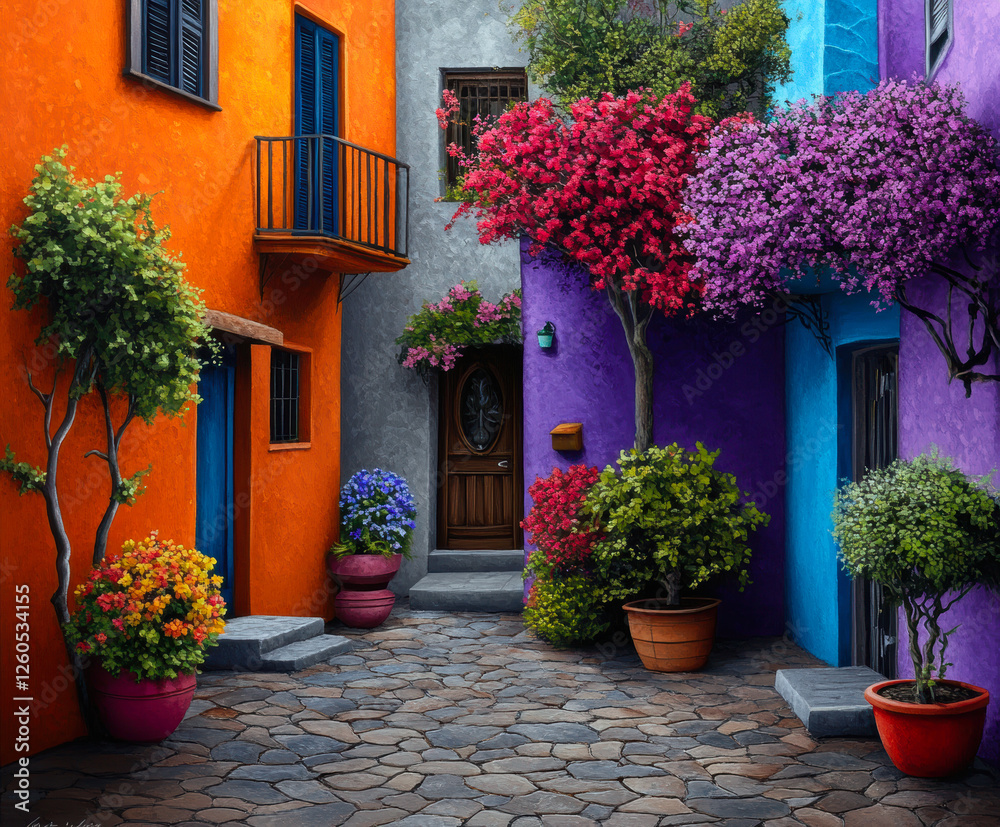 Fototapeta premium This enchanting courtyard showcases a colorful blend of orange, purple, and gray walls adorned with lush floral arrangements, inviting tranquility and charm into outdoor living.
