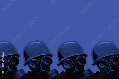 Design a gritty, industrial background featuring a row of worn military helmets amidst a hazy, toxic green gas cloud.