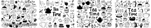 A collection of tea time doodle elements is available, featuring hand drawn modern tea icons, including teapots, cups, cupcakes, and sweets, all isolated on a white background, as design elements