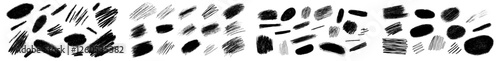 A collection of hand-drawn scribble symbols is presented on a white background, featuring doodle-style sketches and shaded and hatched badges in a monochrome modern design