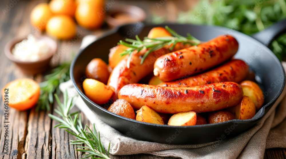 cast iron skillet filled with savory roasted sausages and potatoes cast iron skillet filled with savory roasted sausages and potatoes