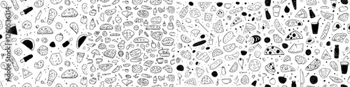 A contemporary backdrop featuring breakfast, lunch, pizza, and snacks, suitable for packaging, menu creation, and interior decor, comprising hand-drawn doodles and a seamless pattern of food elements