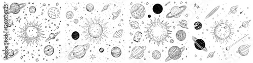 Illustration of a hand drawn solar system, including the sun, a comet, and planet earth, in a modern style, with an outline suitable for coloring, depicting celestial bodies orbiting a star