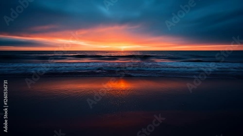 Dramatic ocean sunset with vibrant orange and blue sky reflecting on calm waves at the shore.