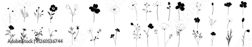 A modern set of hand drawn spring flowers is available, featuring black brush silhouettes of flowers including roses, peonies, and chrysanthemums as isolated cliparts