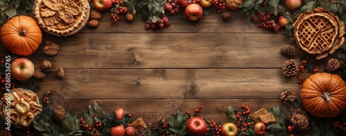 Wallpaper Mural Autumn Harvest Arrangement with Fresh Fruits, Baked Goods, and Seasonal Decorations on a Rustic Wooden Background for Thanksgiving Celebrations Torontodigital.ca