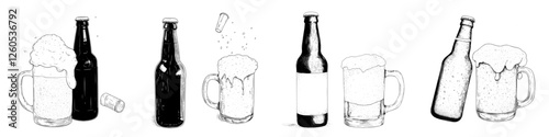 Modern illustration of a beer bottle and glass, created in a hand drawn sketch style