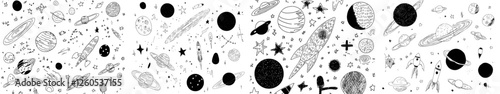 The universe is filled with hand-drawn space planets, celestial bodies, earth, sun, and moon, all part of a modern illustration icons set