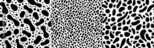 A contemporary design featuring a seamless black and white pattern with droplets, set against a monochrome abstract floral backdrop