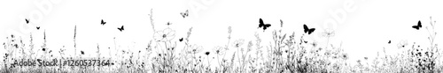 The illustration includes a mix of wildflowers and grasses, accompanied by different insects, all presented in a monochrom print to spark various fashion design ideas