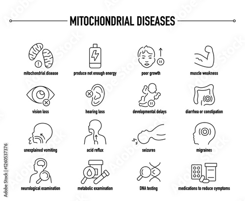 Mitochondrial Disease symptoms, diagnostic and treatment vector icon set. Line editable medical icons
