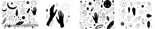 Elements of boho mysticism are combined with witch magic and vintage logos featuring crystals, hands, moons, and eyes to create a spiritual and esoteric tattoo design set with a modern outline