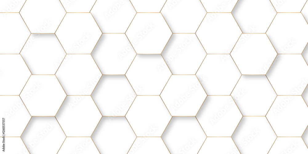 Abstract white and golden lines 3d Hexagonal structure futuristic background. Modern simple style hexagonal graphic concept. White hexagonal pattern background, with copy space abstract banner use. Abstract white and golden lines 3d Hexagonal structure futuristic background. Modern simple style hexagonal graphic concept. White hexagonal pattern background, with copy space abstract banner use.