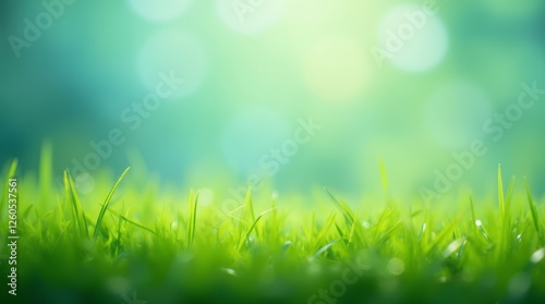 Fresh green grass with soft sunlight and blurred bokeh background, spring nature backdrop with copy space