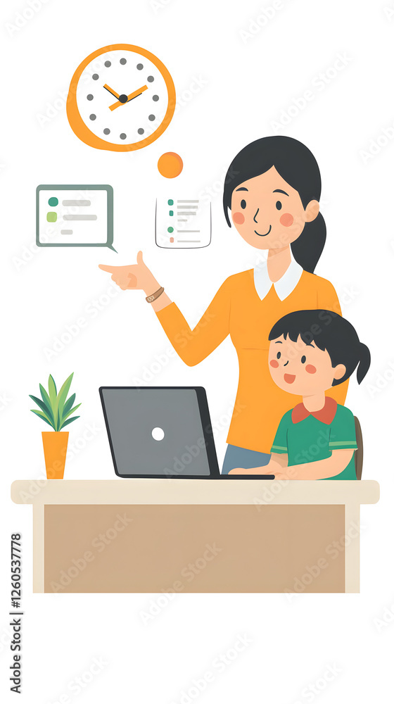 A flat illustration depicts an adult female standing behind her child, who is sitting at a desk
A flat illustration depicts an adult female standing behind her child, who is sitting at a desk