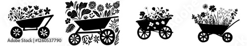 A flower garden cart set, including a wheelbarrow with floral arrangements, serves as a gardening tool