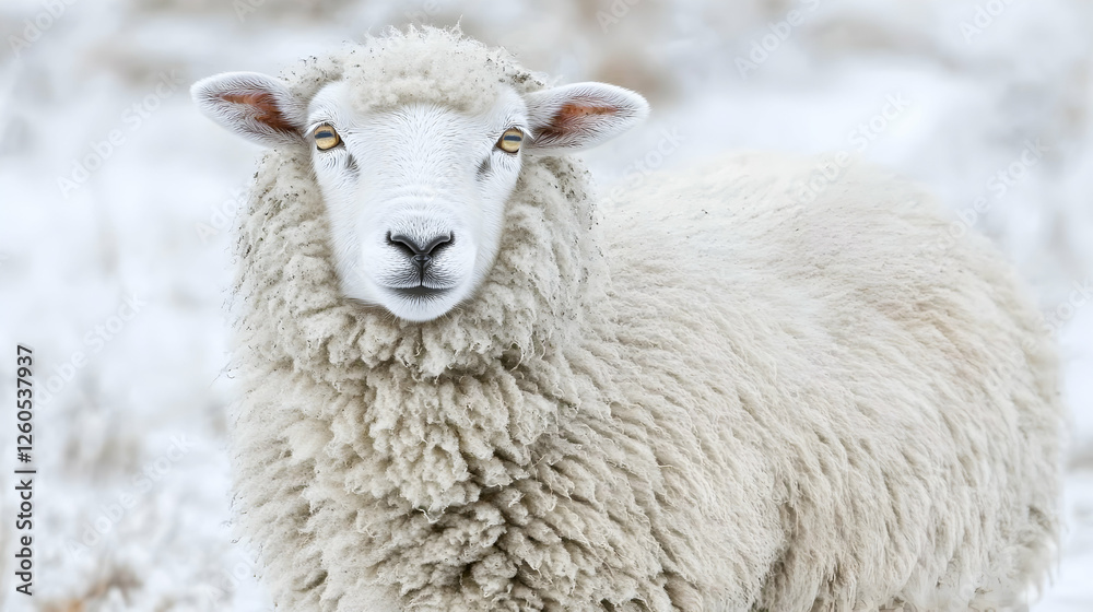 A fluffy white sheep stares directly at the camera in a snowy winter landscape. Its thick wool is prominent. A fluffy white sheep stares directly at the camera in a snowy winter landscape. Its thick wool is prominent.