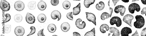 A modern seamless pattern featuring sea shells and fossils is presented in a summer beach theme with hand-drawn doodles