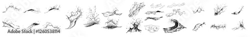A set of line icons featuring water splashes, marine ripples, and liquid drips, reminiscent of ocean or sea waves