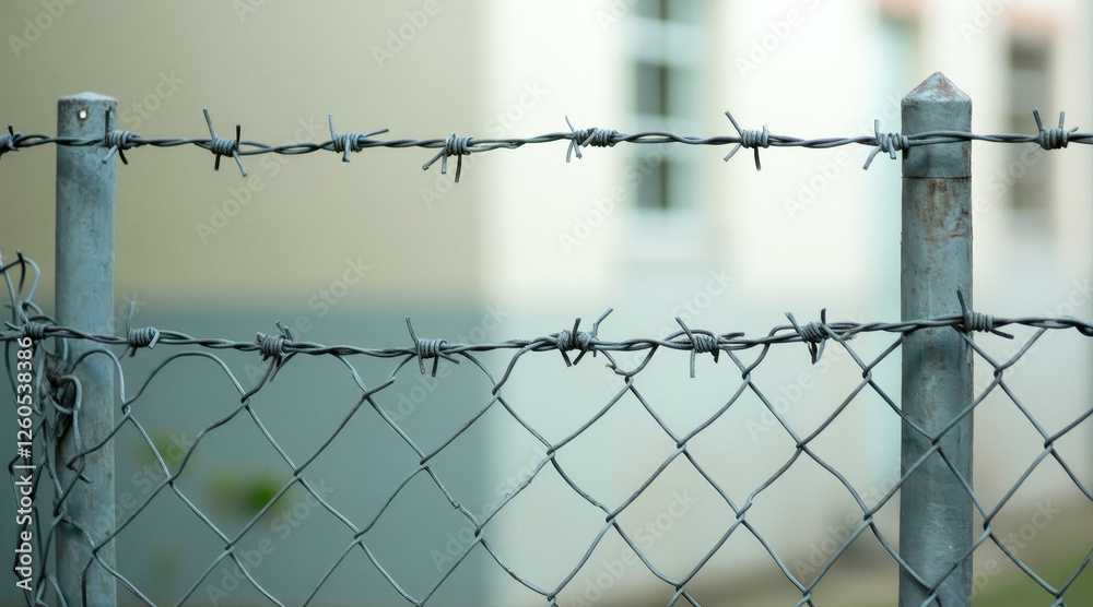 close-up of a chain fence with barbed wire at the top close-up of a chain fence with barbed wire at the top