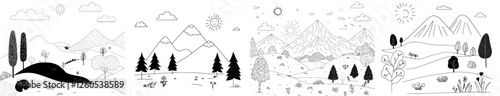 A cute kids coloring page featuring a landscape with sun, clouds, mountains, field, trees, bushes, and flowers, all illustrated in a modern hand-drawn doodle style