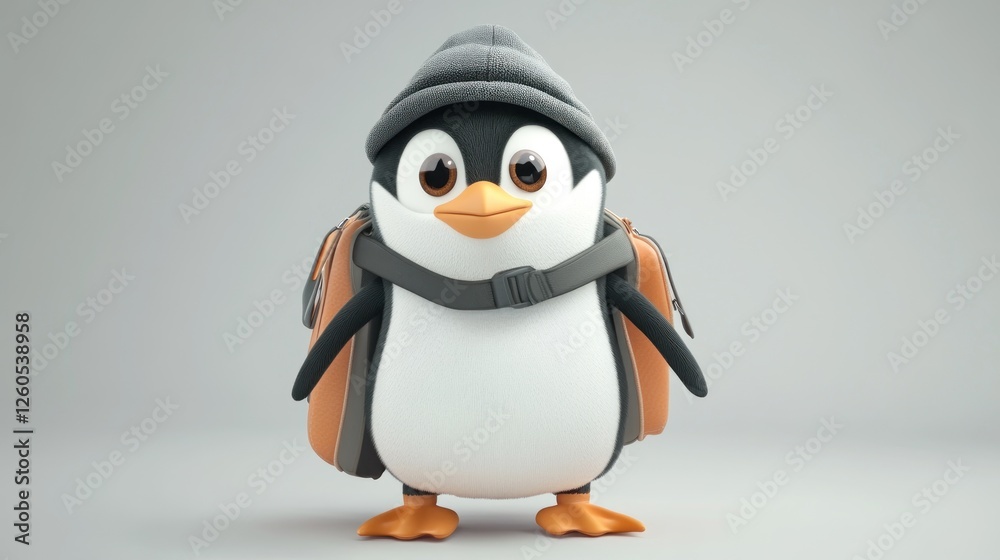 Obraz premium Cartoon penguin with backpack, studio shot, for kids