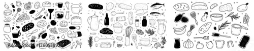 A modern illustration of bakery outline icons is presented, featuring hand-drawn ingredients for baking and cooking in the kitchen