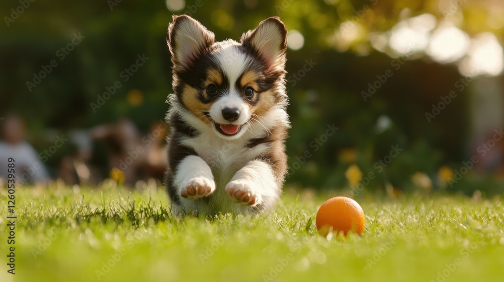 Fototapeta premium Playful Corgi Puppy Chasing Orange Ball on Green Grass in Sunlight