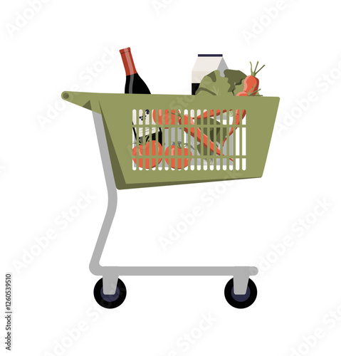 Shopping Cart With Groceries In Flat Vector Illustration Symbolizing Supermarket, Grocery Shopping, And Retail Purchases, Isolated On White Background