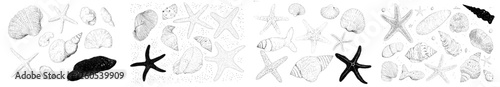 The Seashell Modern Set features an outline illustration of starfish and rocks, presented as a hand-drawn nautical clipart bundle