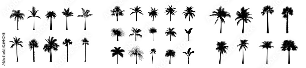 Fototapeta premium A contemporary set of single-color palm tree icons, hand-drawn in monochrome, suitable for cutting and tattoo designs, featuring minimalist art elements