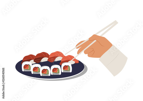 Sushi Plate With Nigiri And Maki Rolls In Flat Vector Illustration Symbolizing Japanese Cuisine, Seafood, And Asian Food, Isolated On White Background.