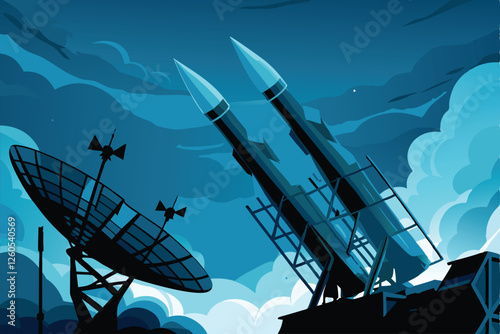 Design a detailed vector illustration of a military base featuring multiple missile launchers and sophisticated radar systems, showcasing advanced military technology.