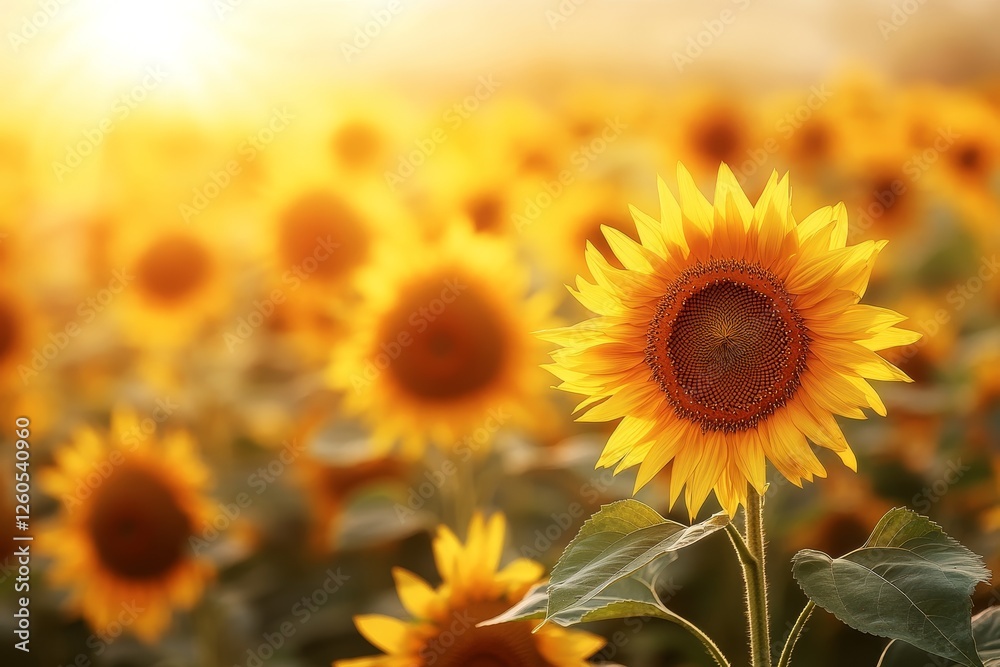 Fototapeta premium Sunlit sunflowers, field, sunset, nature, idyllic scene, summer