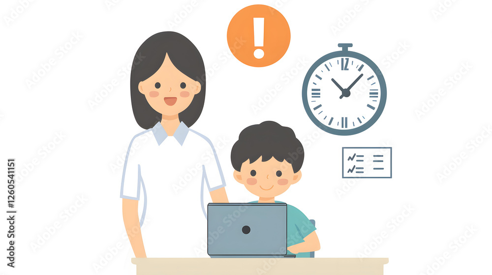 A flat illustration depicts an adult female standing behind her child, who is sitting at a desk
A flat illustration depicts an adult female standing behind her child, who is sitting at a desk