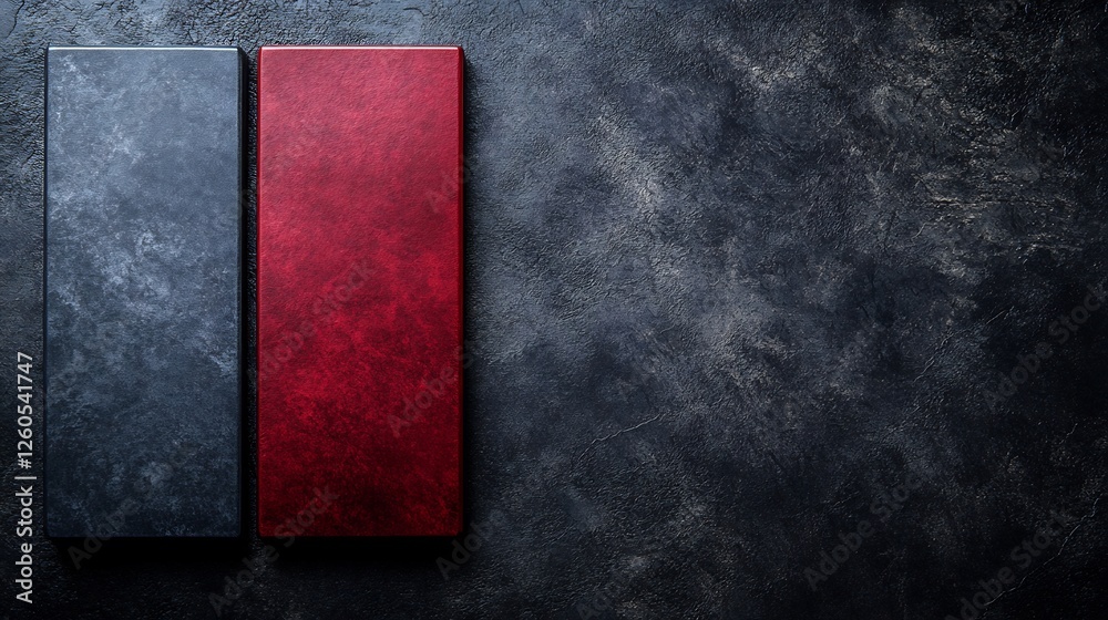 Dark moody textured background features two vertically aligned rectangular panels rich red and deep gray. AI Generated