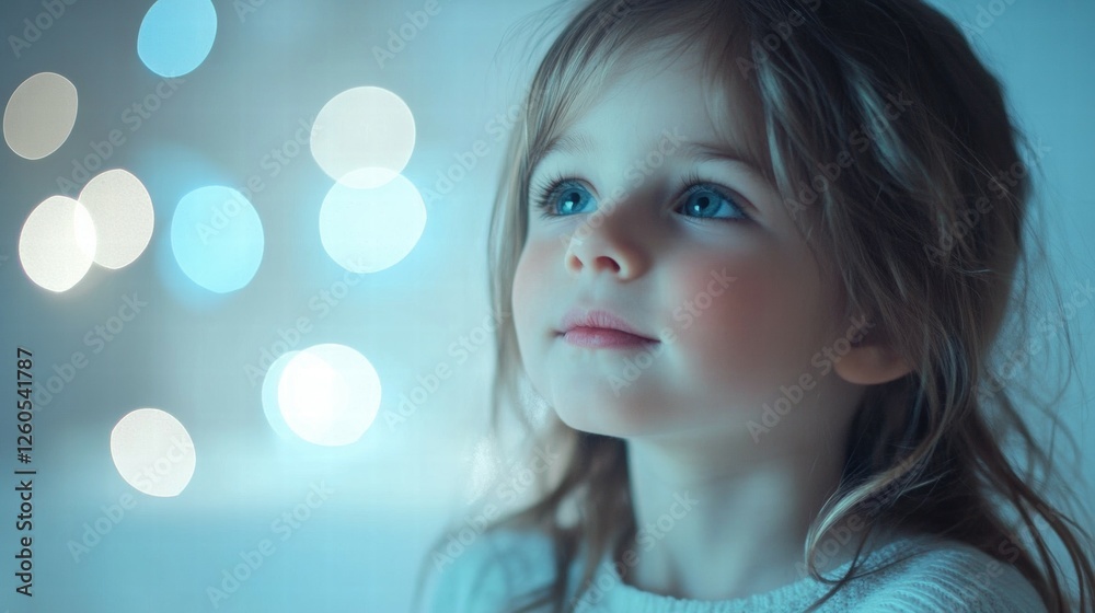 Enchanting Child with Dreamy Blue Eyes Surrounded by Soft Blurry Lights Enchanting Child with Dreamy Blue Eyes Surrounded by Soft Blurry Lights