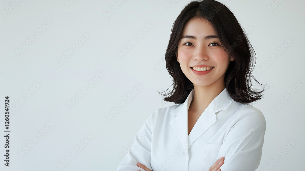 腕を組んでいるアジア人女性の医者 腕を組んでいるアジア人女性の医者