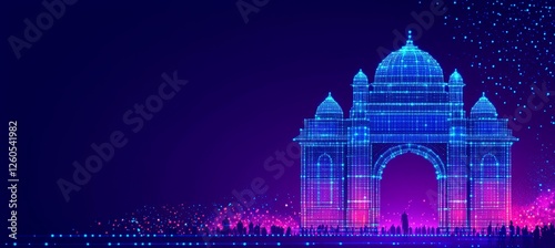 India Gate, New Delhi, as a Futuristic Digital Network Outline on a Vibrant Background