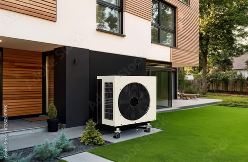 Exterior view of a modern house with a heat pump installed outside, lawn in the foreground, large windows, and wooden exterior panels. Surrounding trees and greenery.