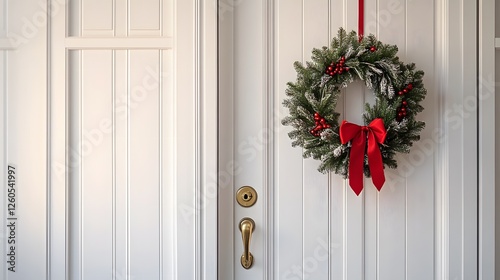 Elegant white wooden door displays traditional brass mail slot and classic evergreen Christmas wreath with red ribbon, featuring vintage doorknob and vertical paneling details. photo