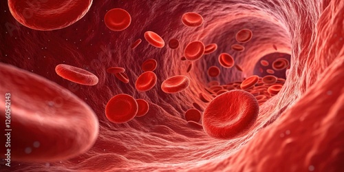 Close-Up Rendering of Red Blood Cells Flowing Through Human Blood Vessel with Depth Illusion